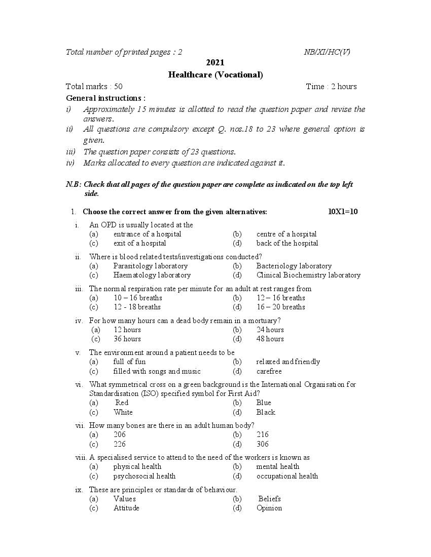 NBSE Class 11 Question Paper 2021 for Health Care - Page 1