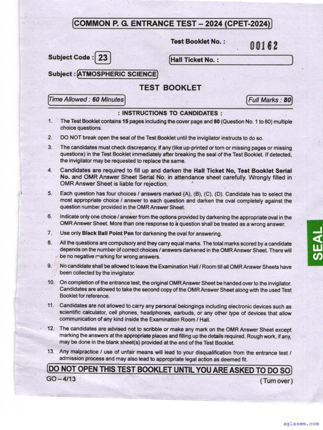 Odisha CPET 2024 Question Paper Atmospheric Science - Page 1 of 16