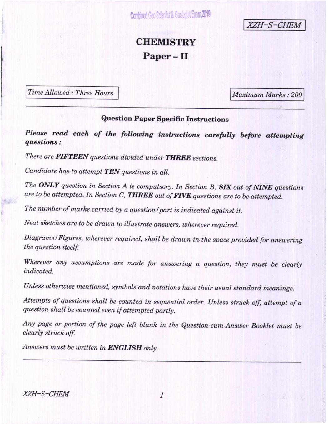 UPSC CGGE 2019 Question Paper Chemistry Paper II - Page 1