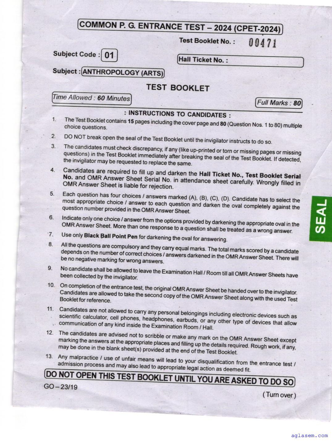 Odisha CPET 2024 Question Paper Anthropology Arts - Page 1 of 16
