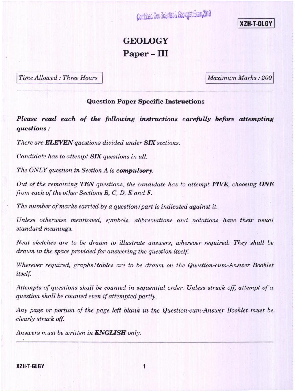 UPSC CGGE 2019 Question Paper Geology Paper III - Page 1