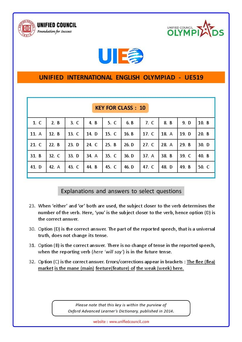 UIEO 2021 Answer Key for Class 10 Code-UE519 - Page 1
