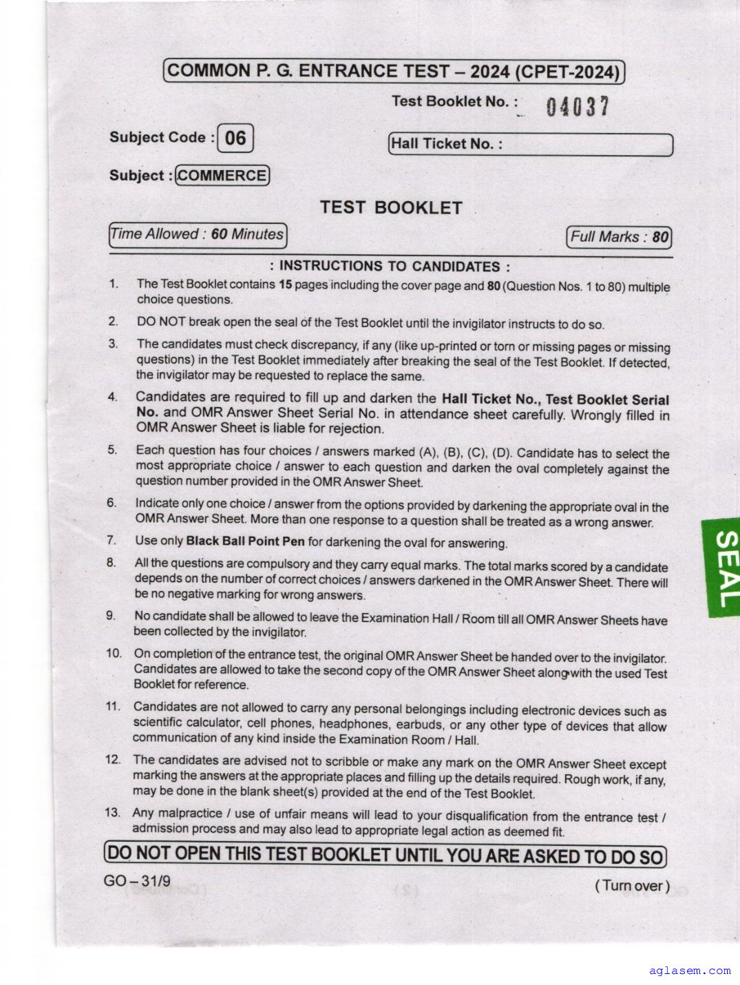 Odisha CPET 2024 Question Paper Commerce - Page 1 of 16