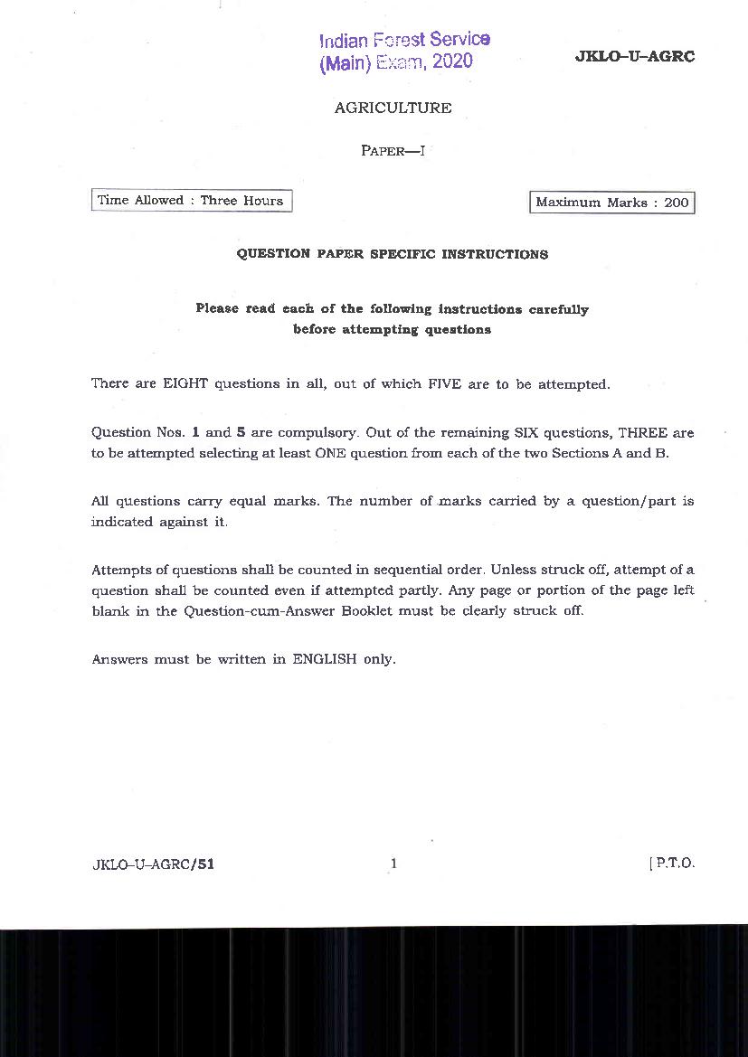 UPSC IFS 2020 Question Paper for Agricultural Paper I - Page 1