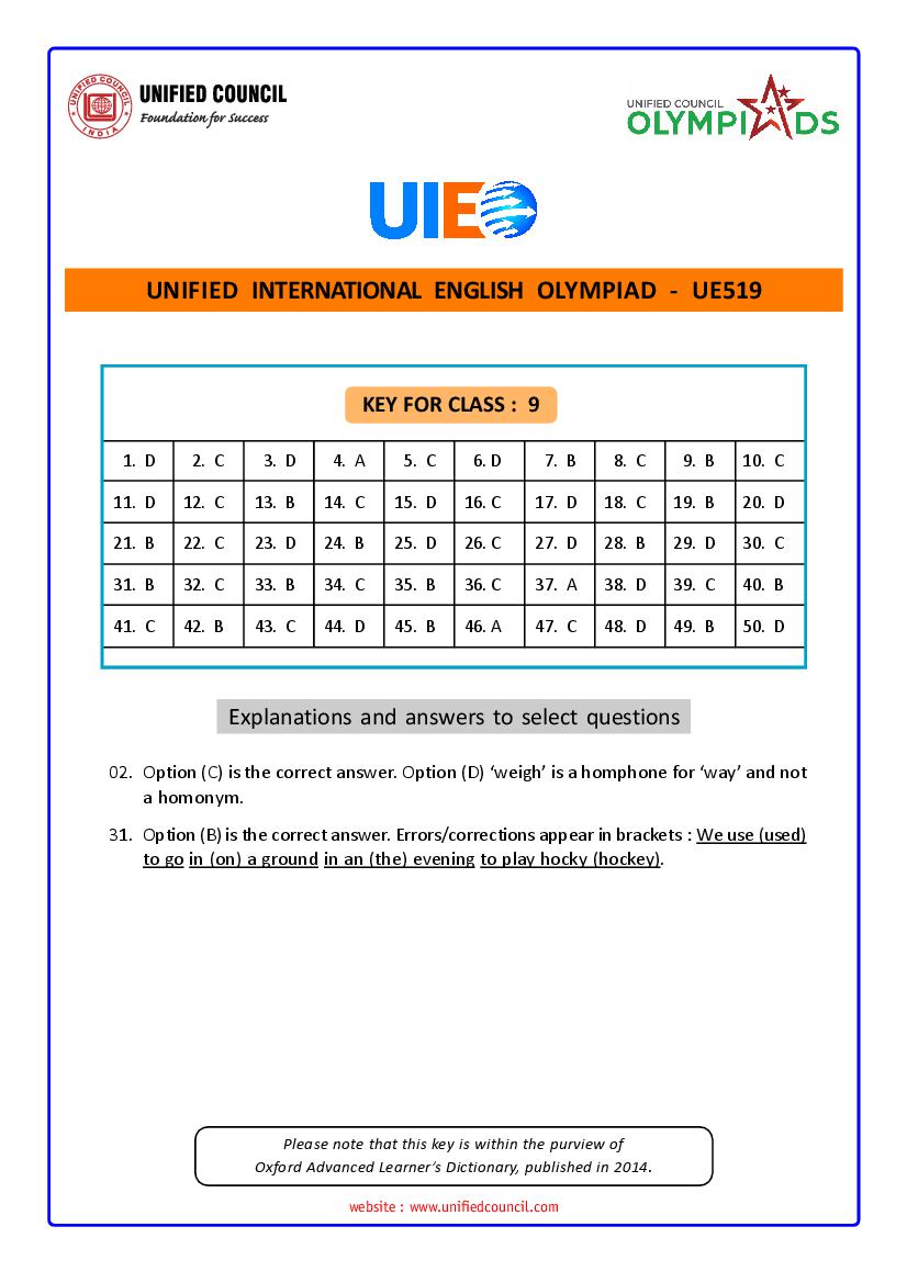 UIEO 2021 Answer Key for Class 9 Code-UE519 - Page 1