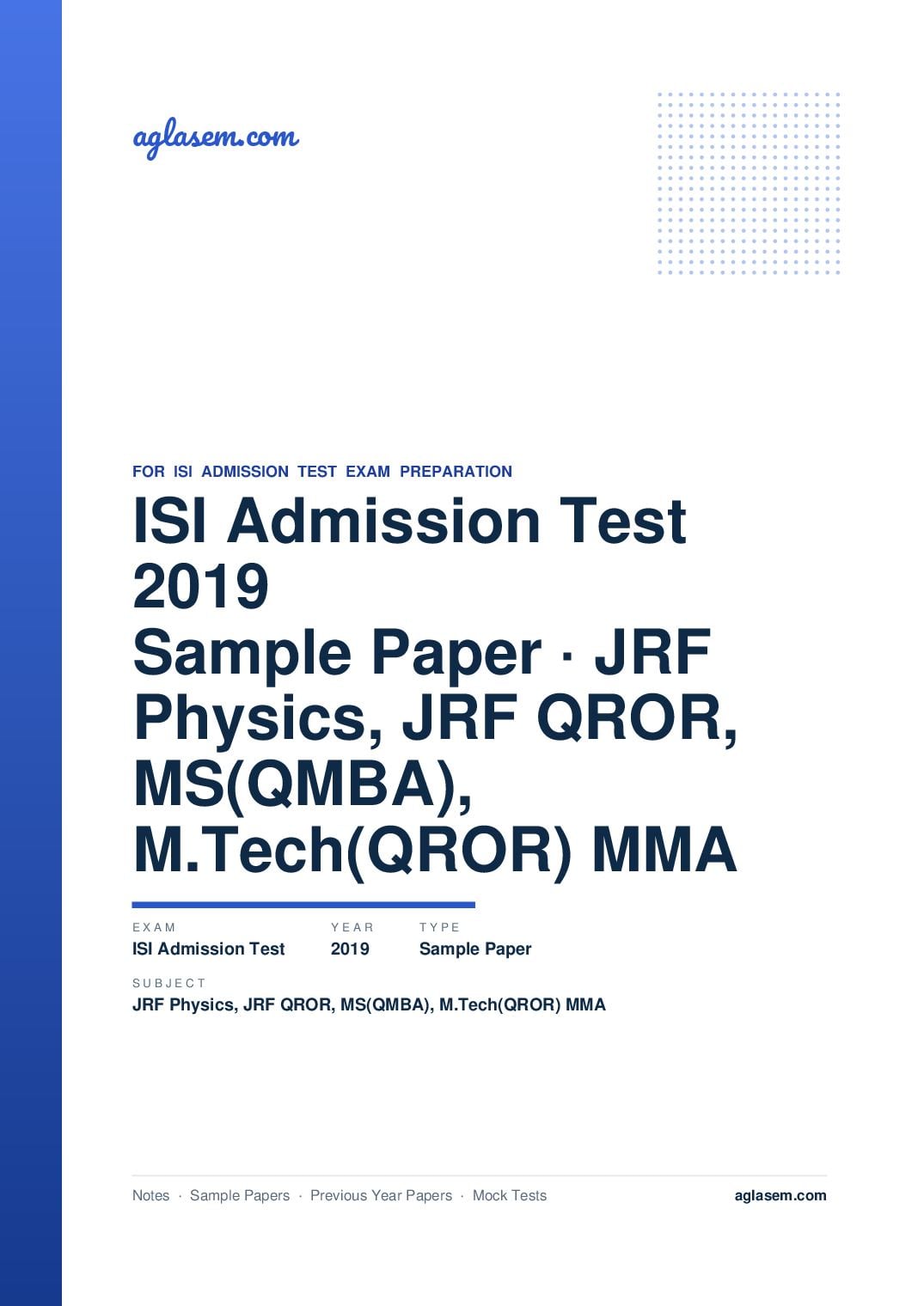 ISI Admission Test 2019 Sample Paper JRF Physics, JRF QROR, MS(QMBA), M.Tech(QROR) MMA - Page 1 of 7