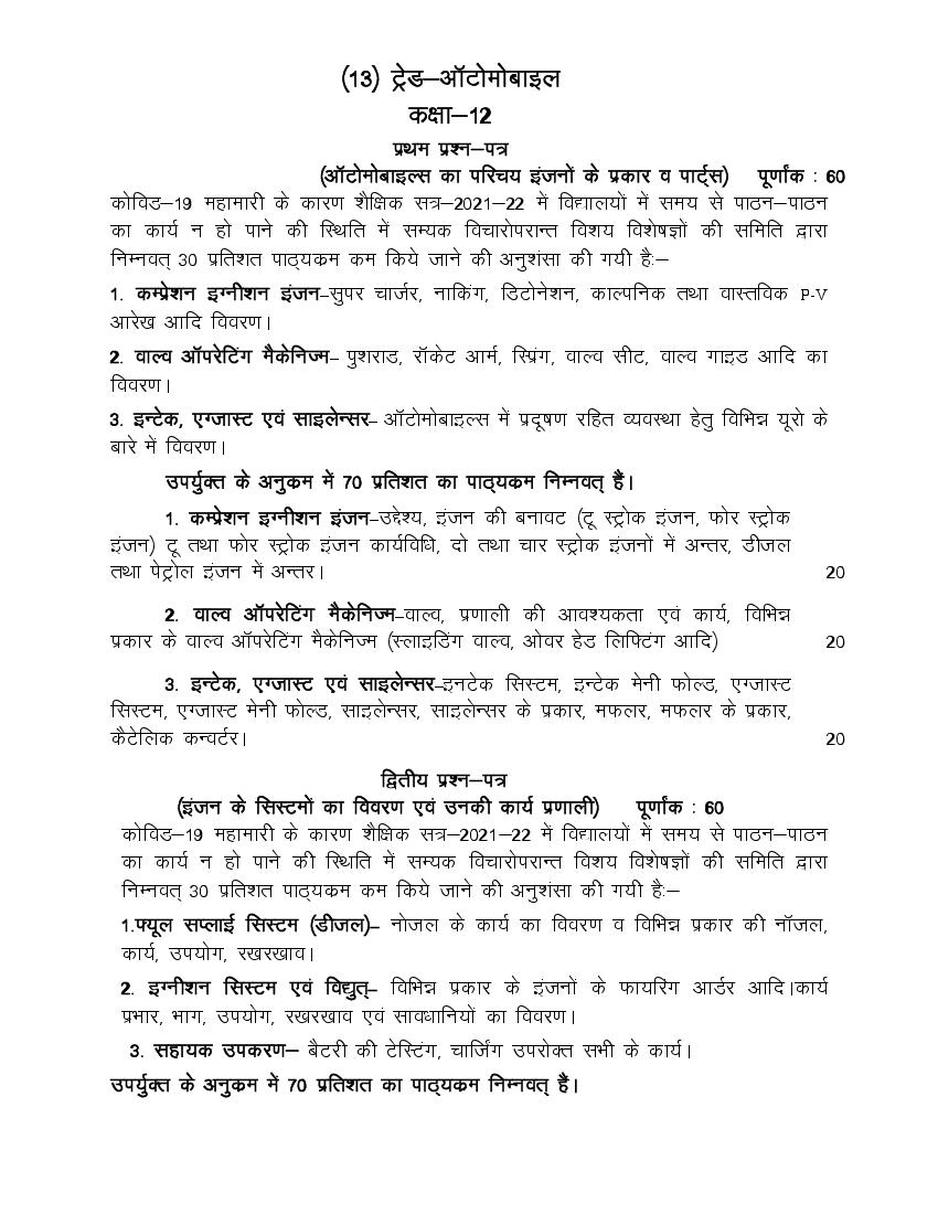 UP Board Class 12 Syllabus 2022 Trade Automobile - Page 1