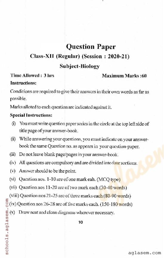 HP Board Class 12 Question Paper 2021 Biology - Page 1