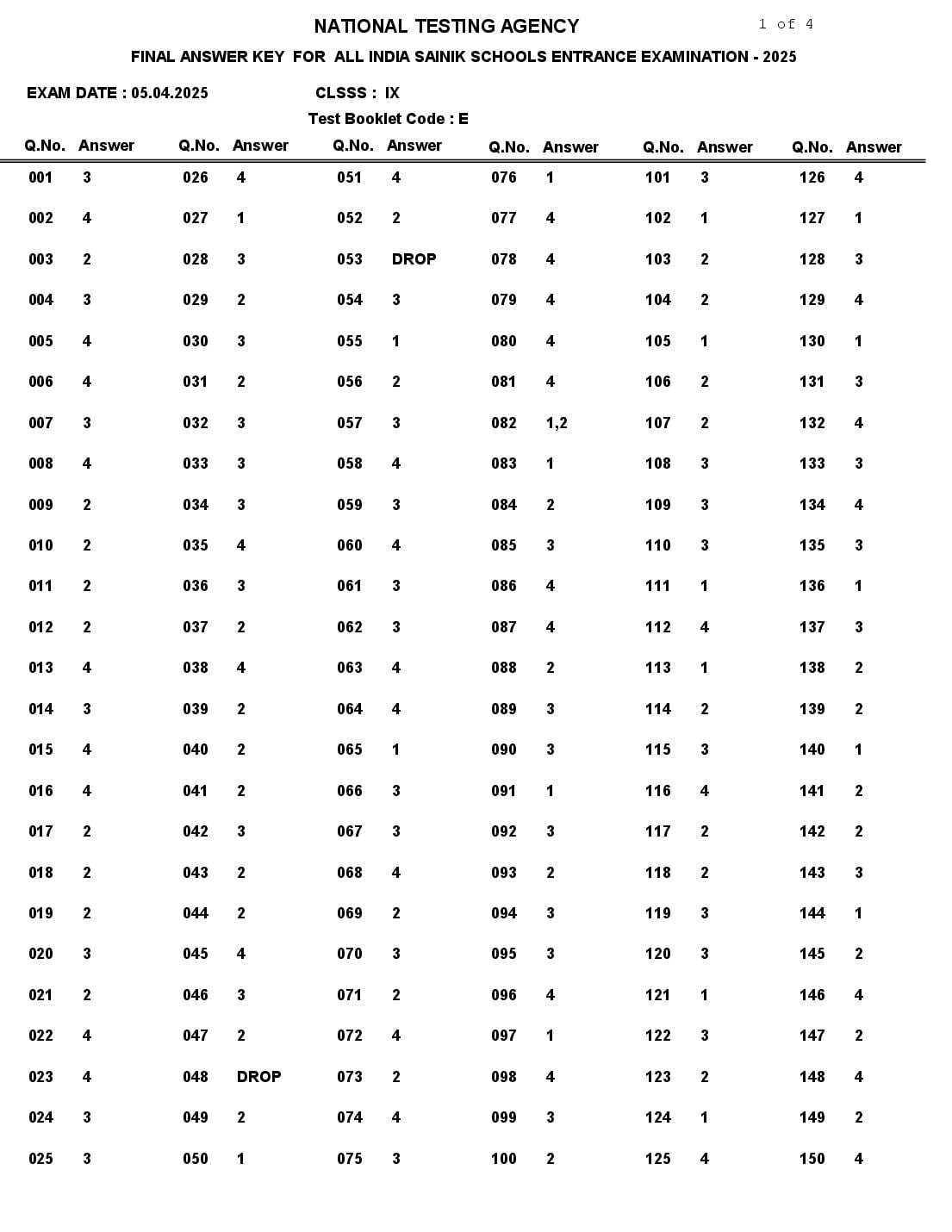 AISSEE 2025 Answer Key Class 9 - Page 1 of 4