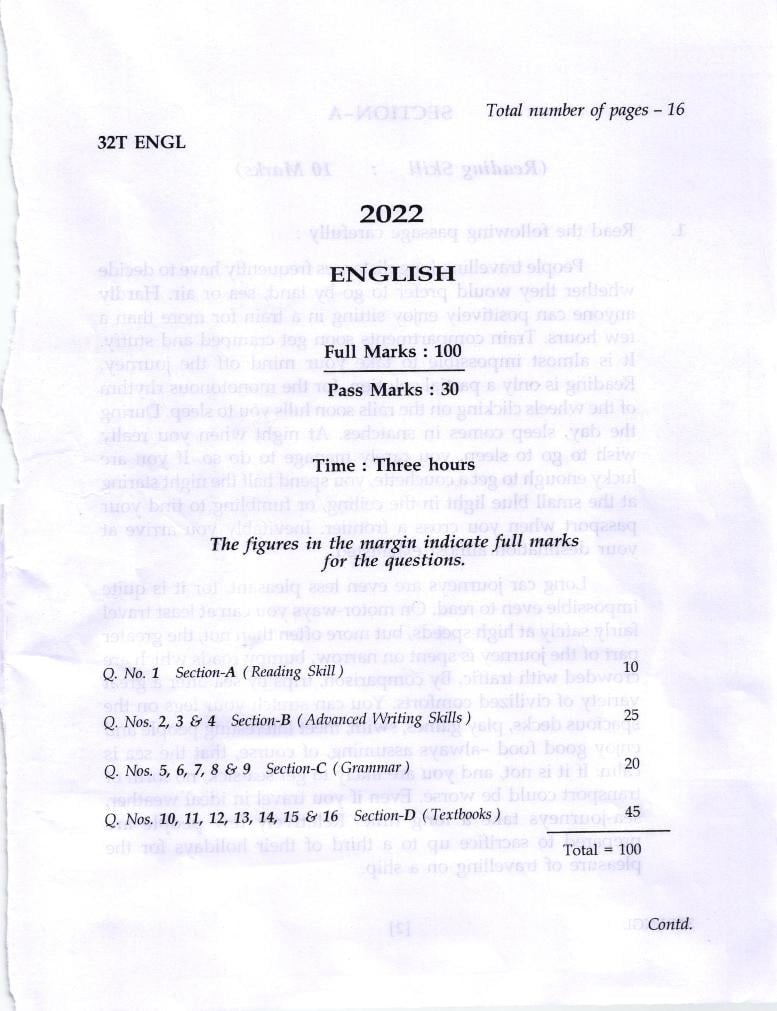 AHSEC HS 2nd Year Question Paper 2022 English - Page 1