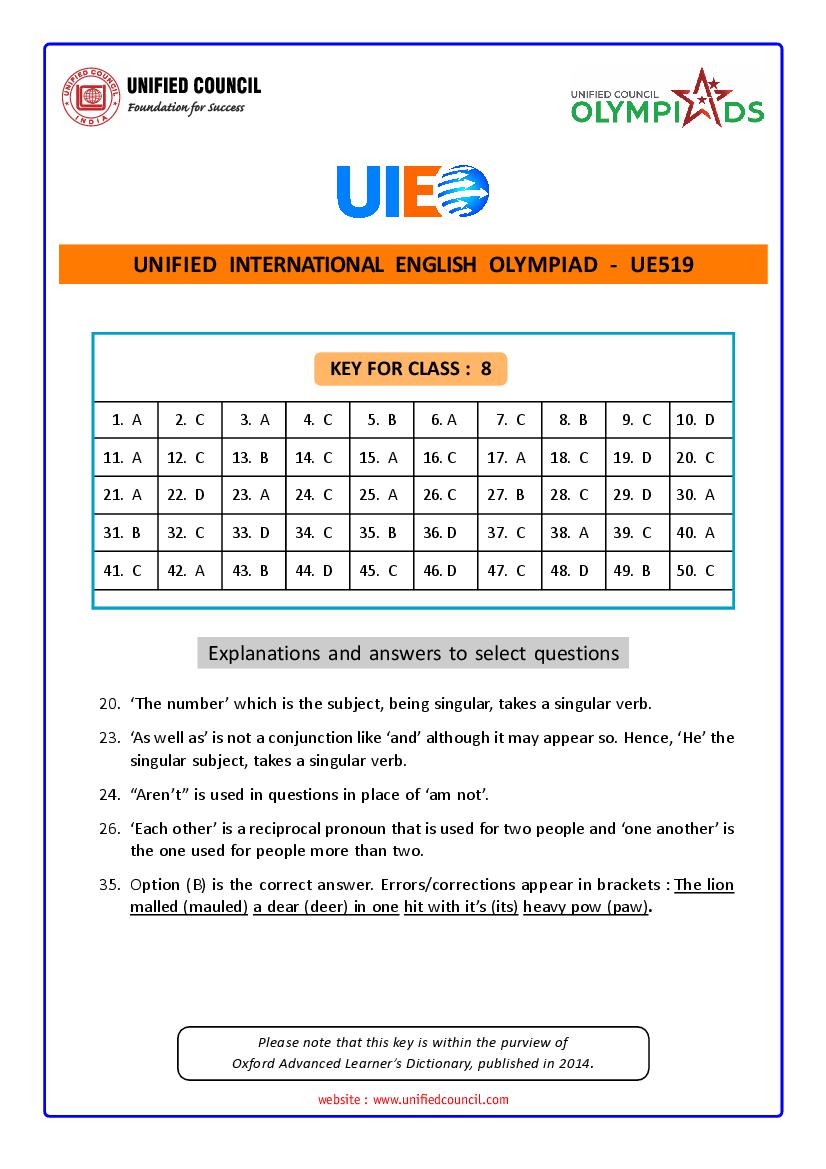 UIEO 2021 Answer Key for Class 8 Code-UE519 - Page 1