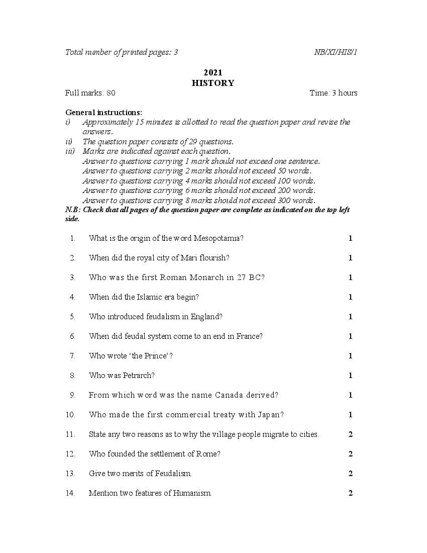 NBSE Class 11 Question Paper 2021 for History - Page 1