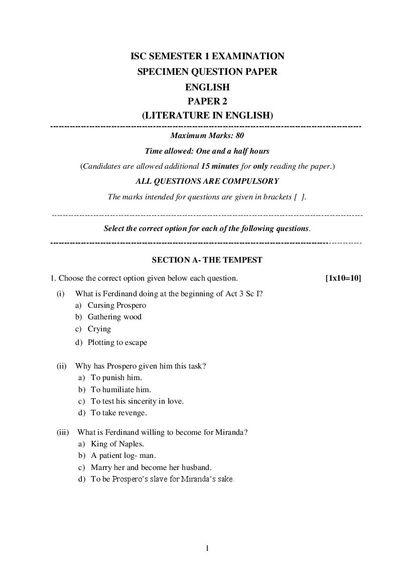 ISC Class 12 Specimen Paper 2022  English Literature Semester 1 - Page 1