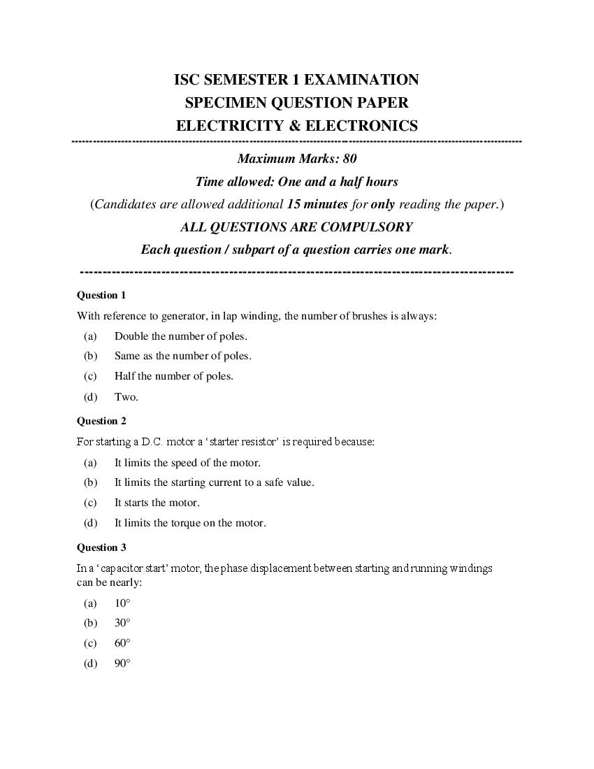 ISC Class 12 Specimen Paper 2022  Electricity And Electronics Semester 1 - Page 1