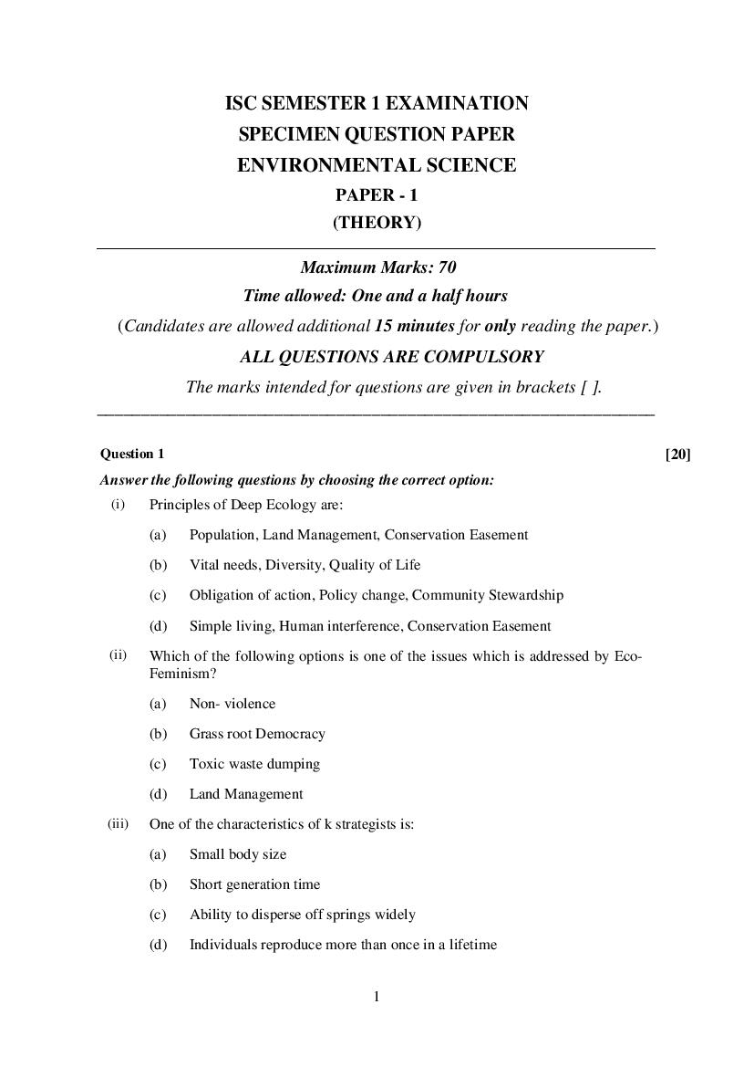 ISC Class 12 Specimen Paper 2022  Environmental Science Semester 1 - Page 1
