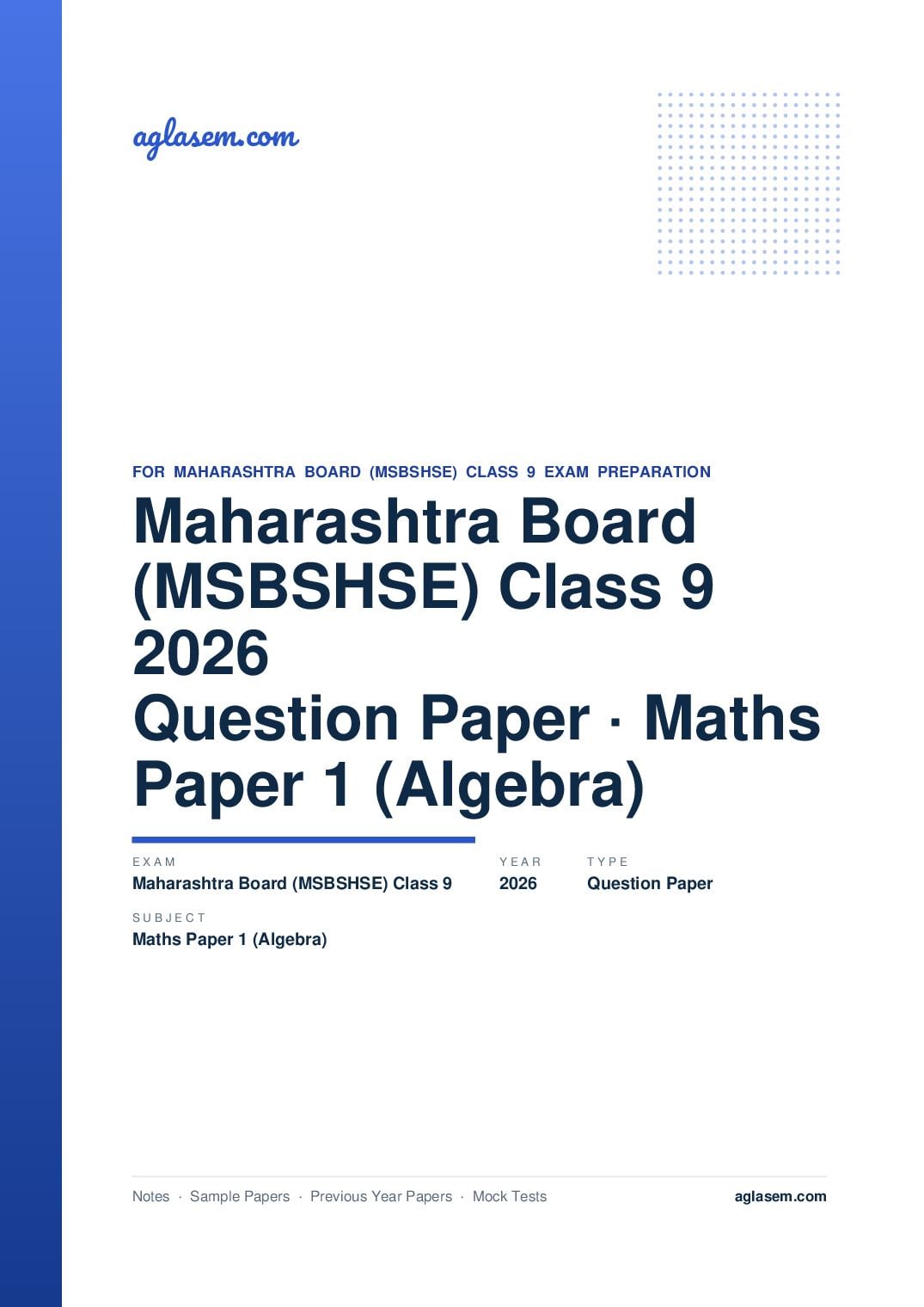 MH 9th Question Paper 2026 Maths Paper 1 (Algebra) - Page 1 of 5