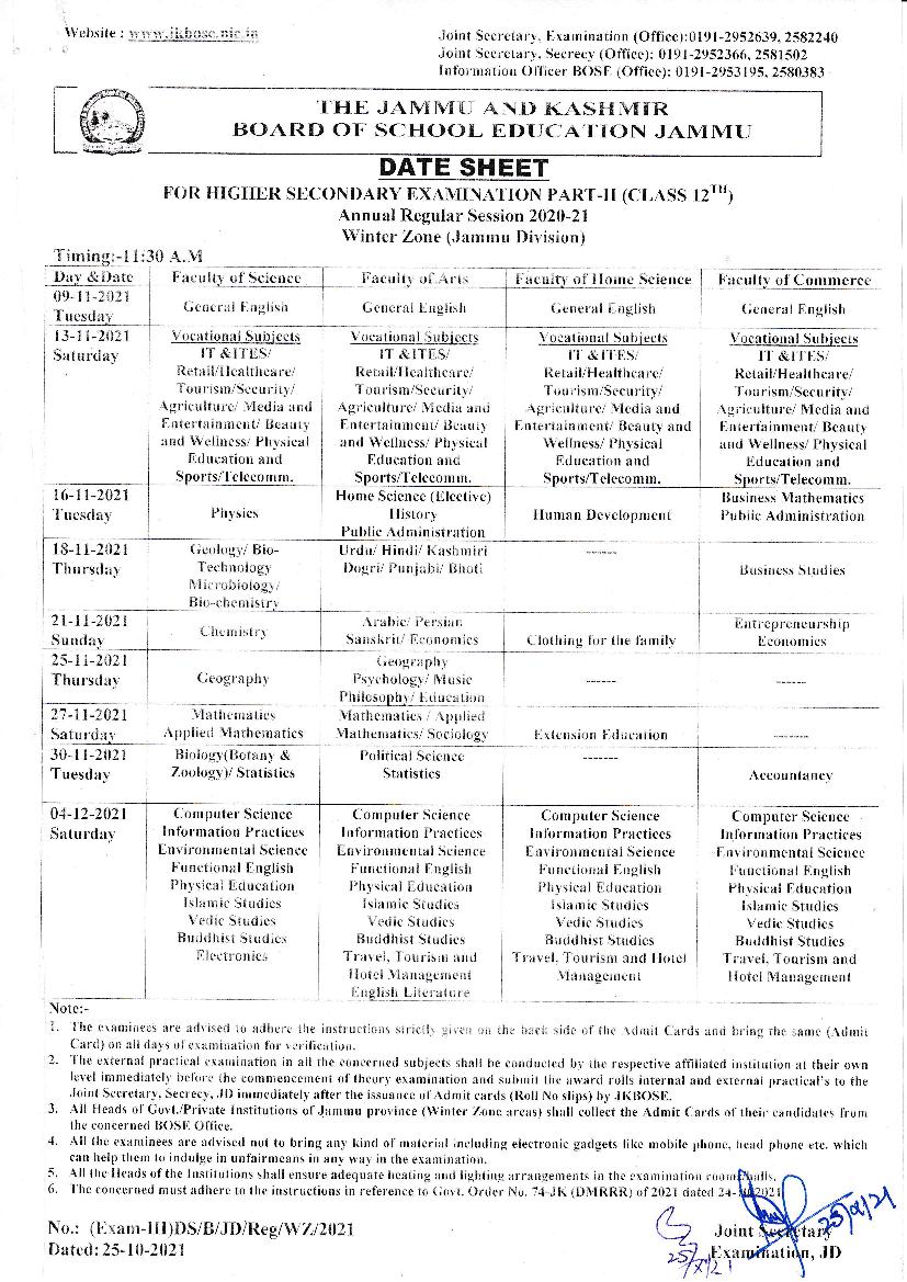 JKBOSE Class 12th 2021 DateSheet for Jammu Division Winter Zone