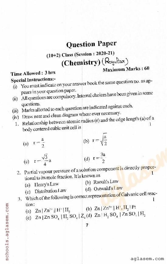HP Board Class 12 Question Paper 2021 Chemistry - Page 1