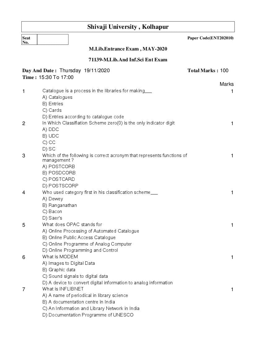 Shivaji University Entrance Exam 2020 Question Paper M.Lib - Page 1