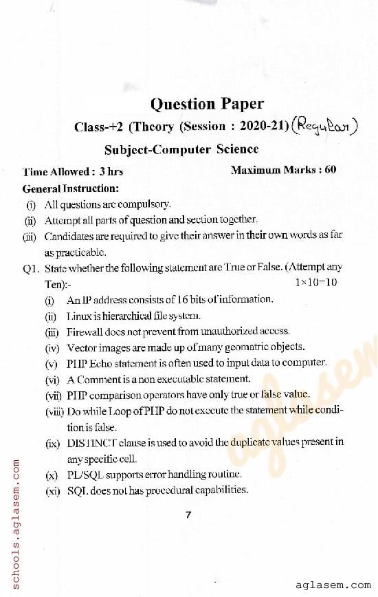 HP Board Class 12 Question Paper 2021 Computer Science - Page 1