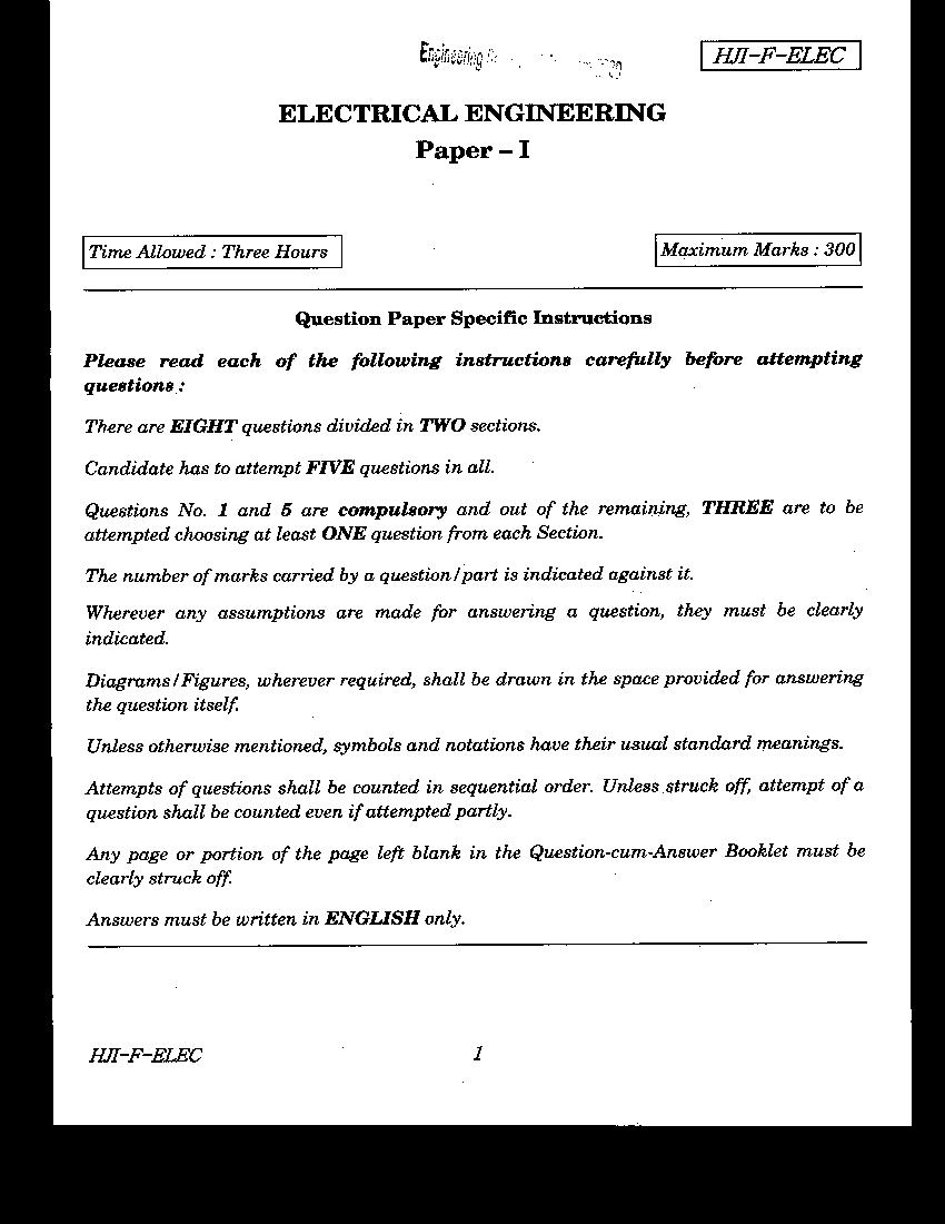 UPSC IES 2020 (Mains) Question Paper Electrical Engineering Paper 1 - Page 1