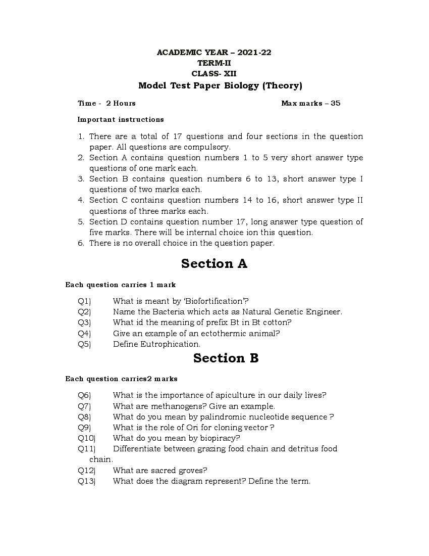 PSEB 12th Model Test Paper 2022 Biology Term 2 - Page 1