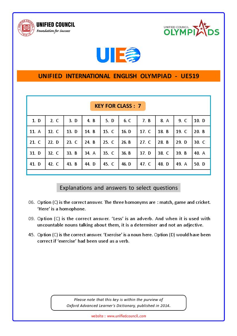 UIEO 2021 Answer Key for Class 7 Code-UE519 - Page 1