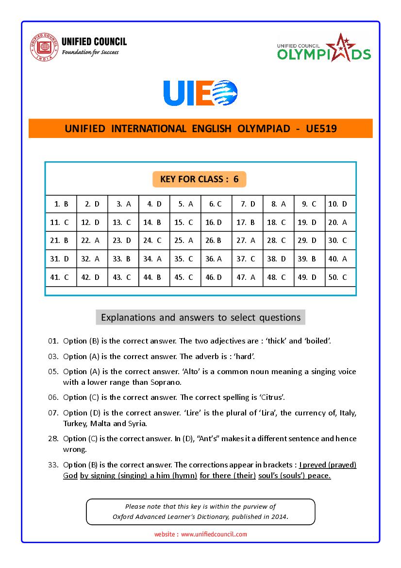 UIEO 2021 Answer Key for Class 6 Code-UE519 - Page 1