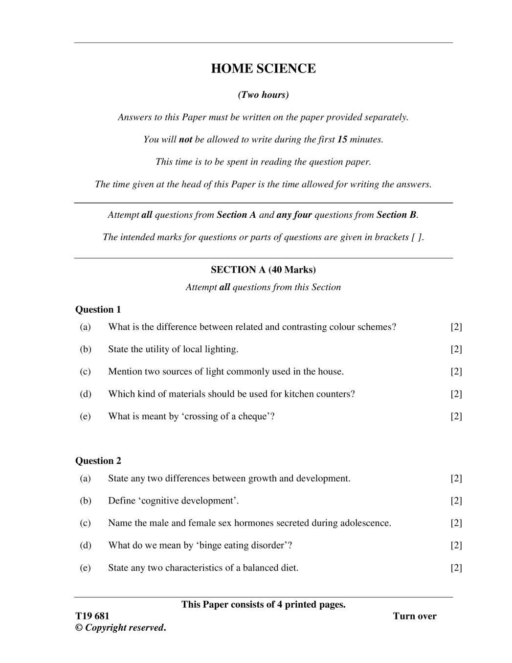 ICSE Class 10 Question Paper 2019 for Home Science  - Page 1