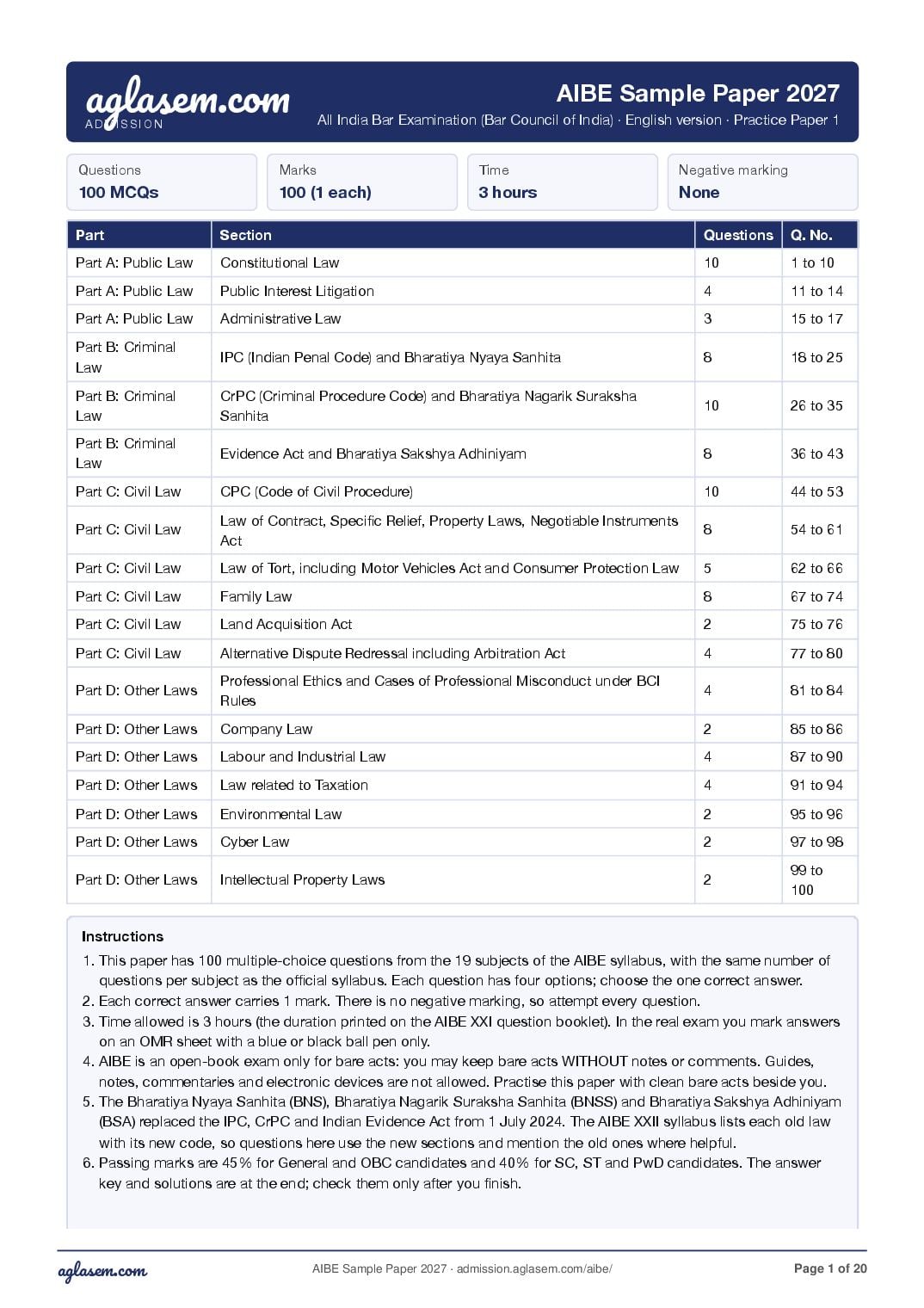 AIBE 2027 Sample Paper English - Page 1 of 20