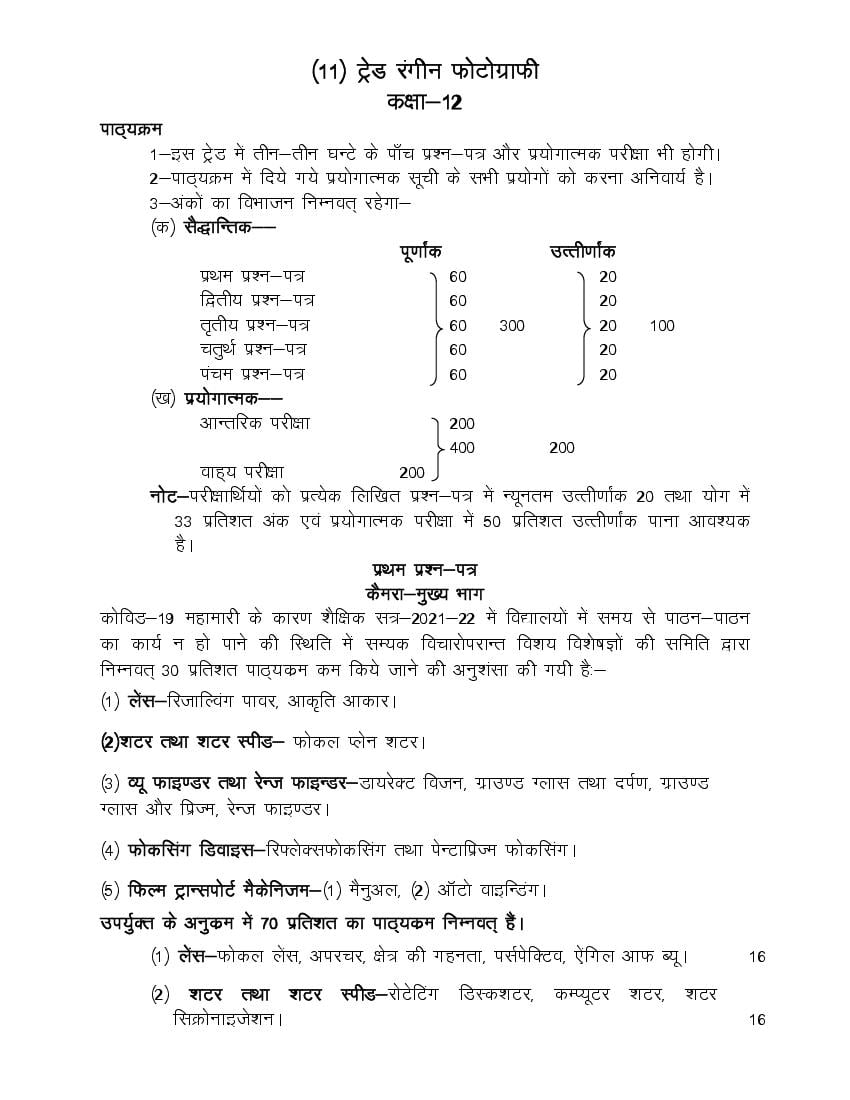 UP Board Class 12 Syllabus 2022 Trade Colour Photography - Page 1
