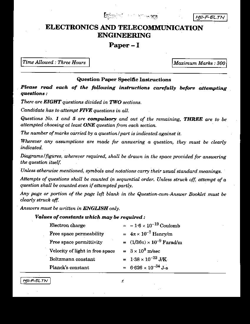 UPSC IES 2020 (Mains) Question Paper Electronics and Telecommunication Engineering Paper 1 - Page 1