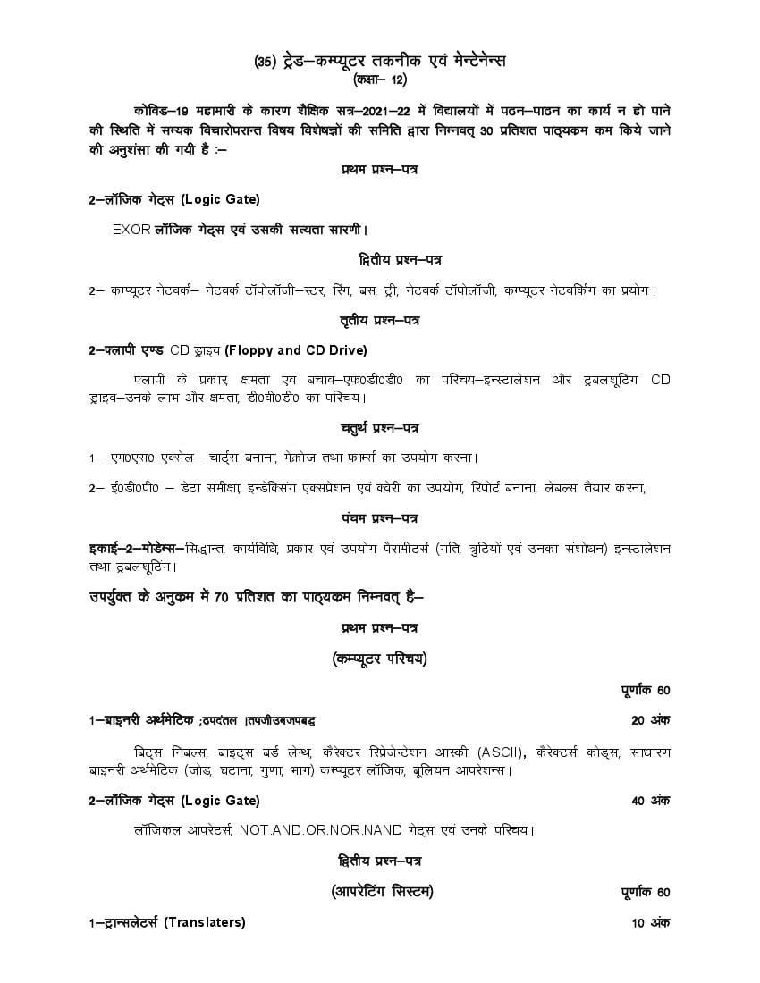 UP Board Class 12 Syllabus 2022 Trade Computer Technical & Maintenance - Page 1