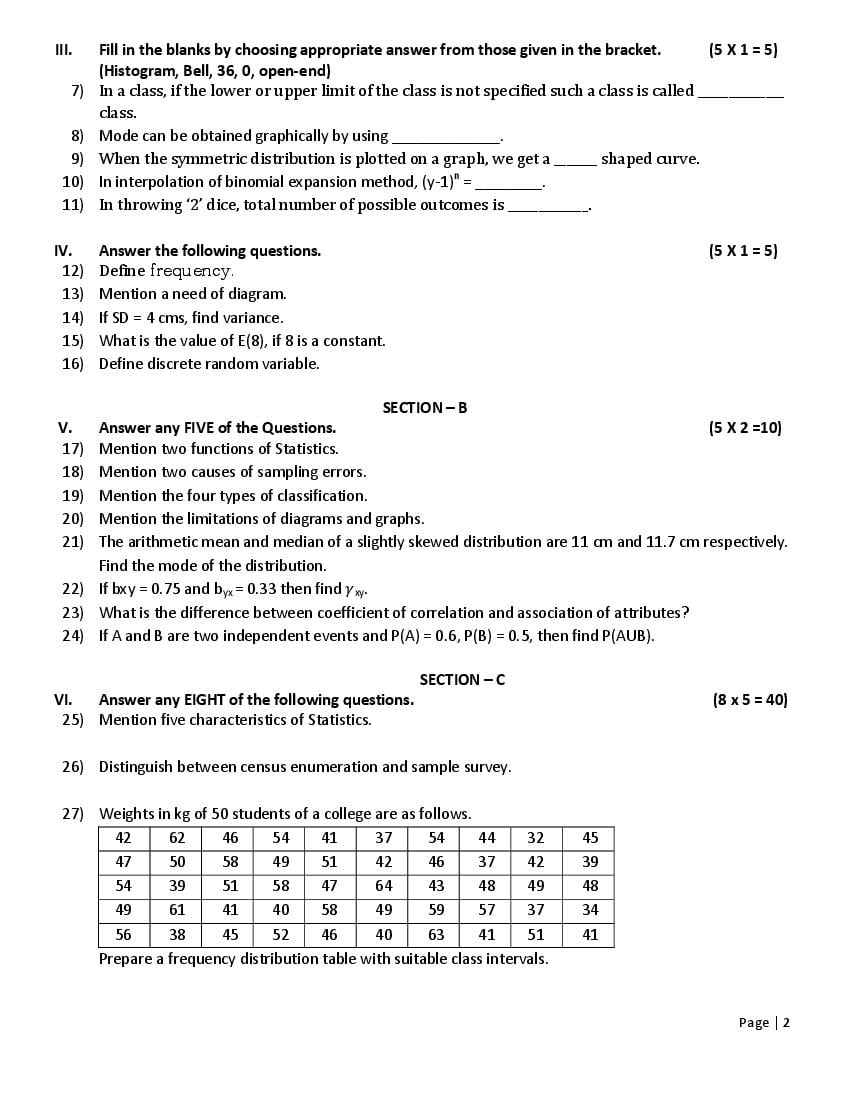 Karnataka 1st PUC Statistics Model Paper 2025 (PDF) OneEdu24