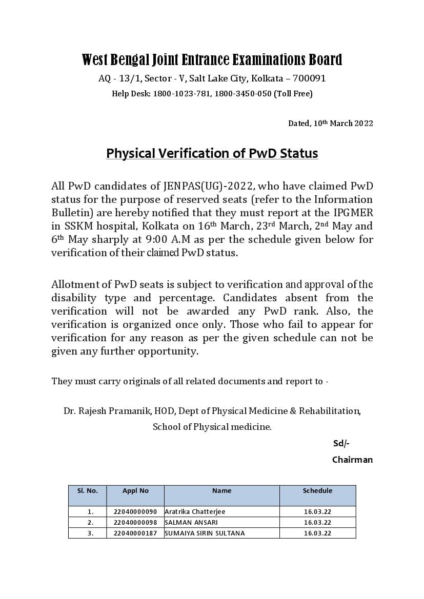 WBJEE JENPAS UG 2022 PwD Verification Notice - Page 1