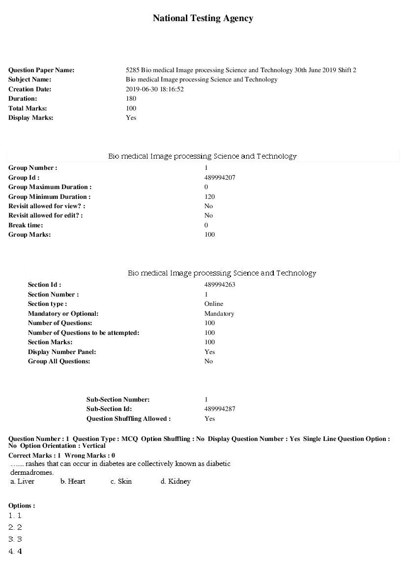 ARPIT 2019 Question Paper for Bio medical Image processing Science and Technology Shift 2 - Page 1 of 25
