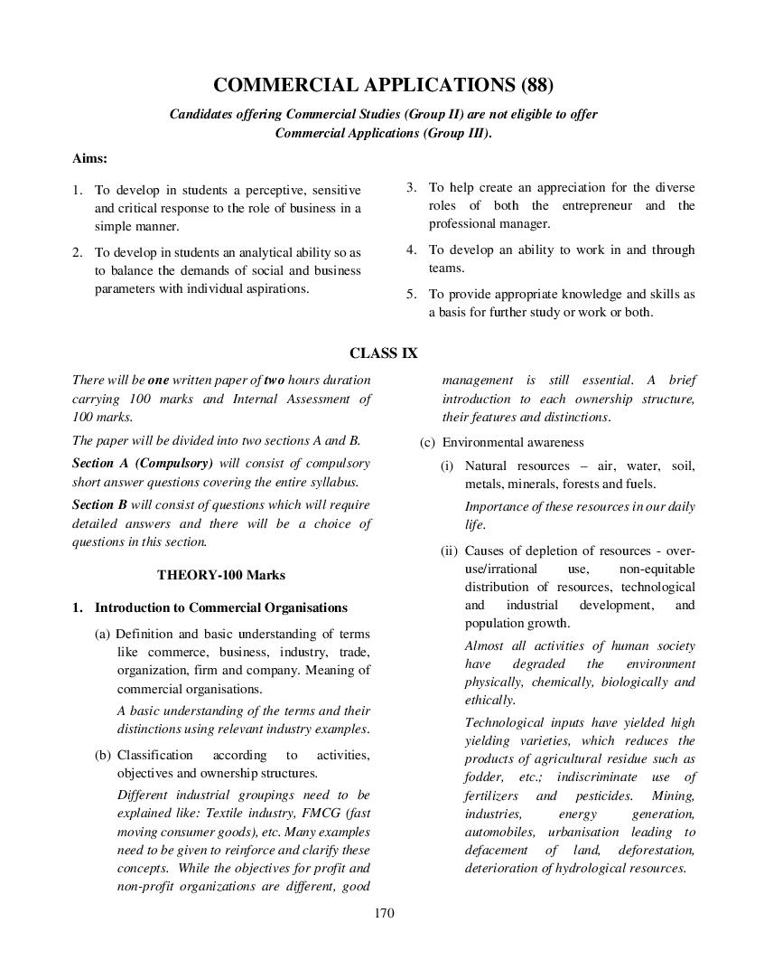 ICSE Class 10 Syllabus 2023 Commercial Applications - Page 1