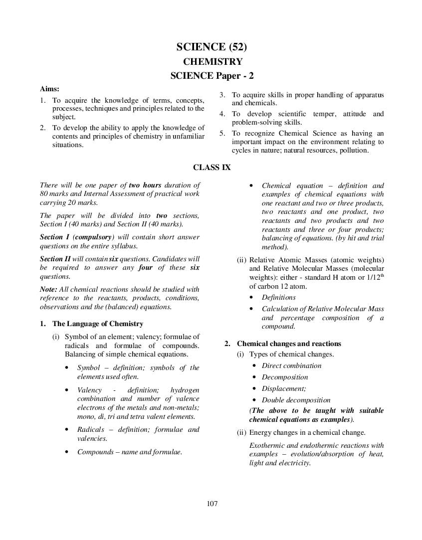 ICSE Class 10 Syllabus 2023 Chemistry - Page 1