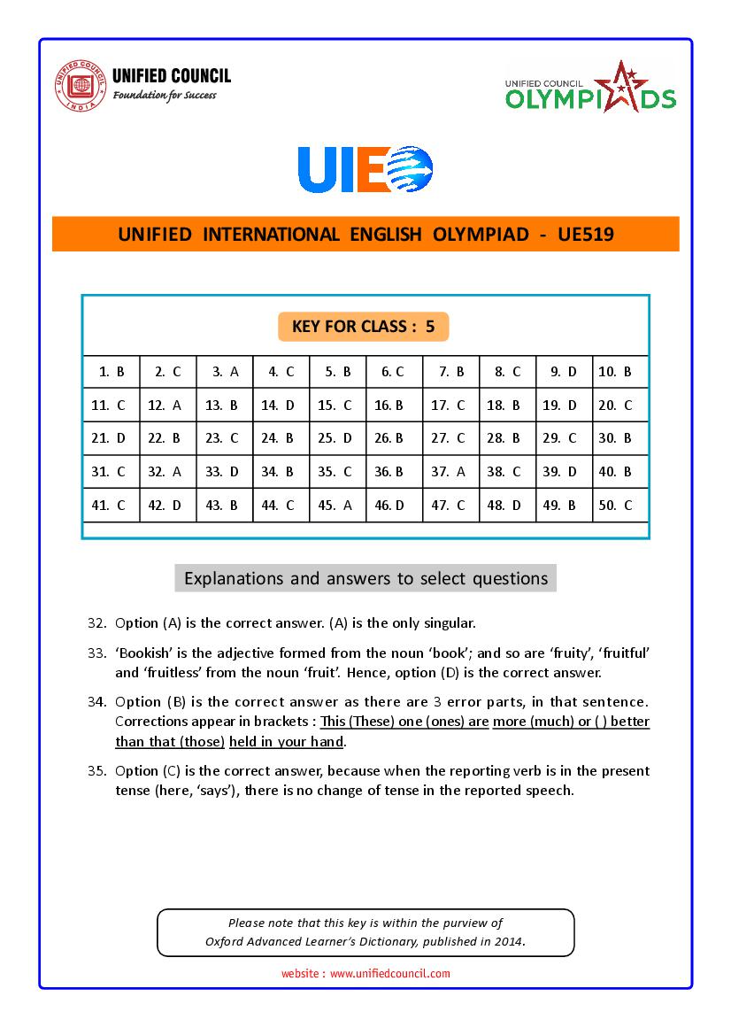 UIEO 2021 Answer Key for Class 5 Code-UE519 - Page 1