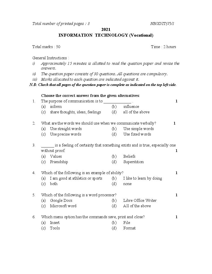 NBSE Class 11 Question Paper 2021 for Information Technology - Page 1