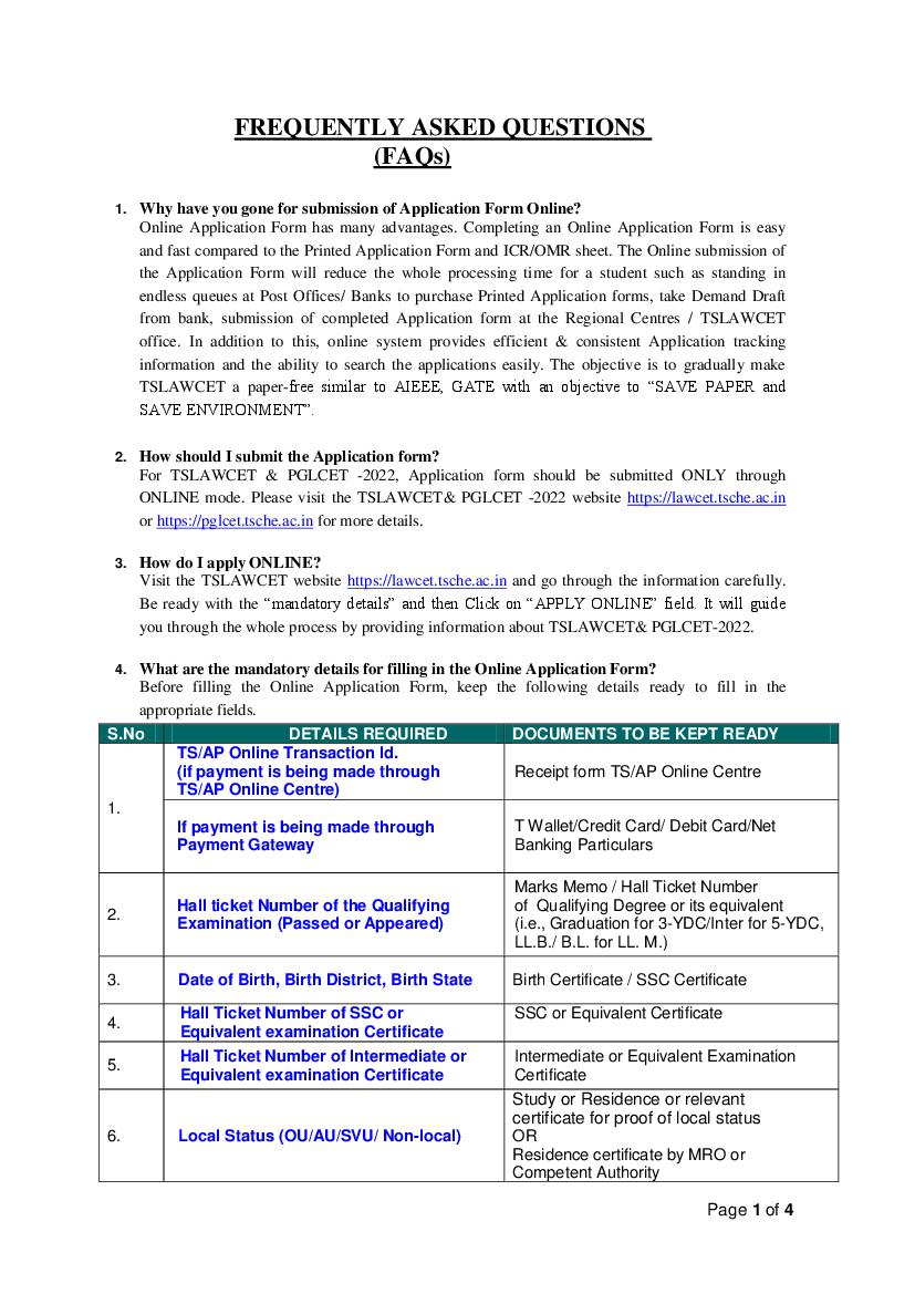 TS LAWCET and TS PGLCET 2022 FAQs - Page 1