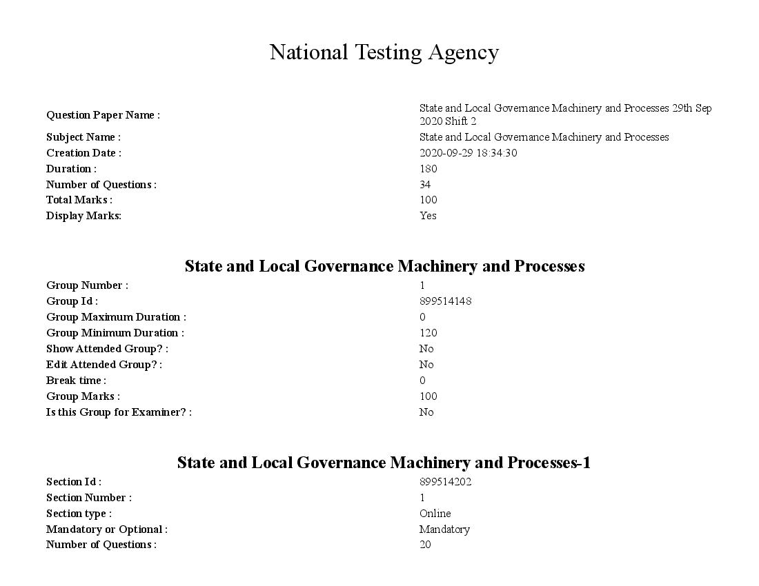 SWAYAM 2020 Question Paper State and Local Governance Machinery and Processes - Page 1 of 16