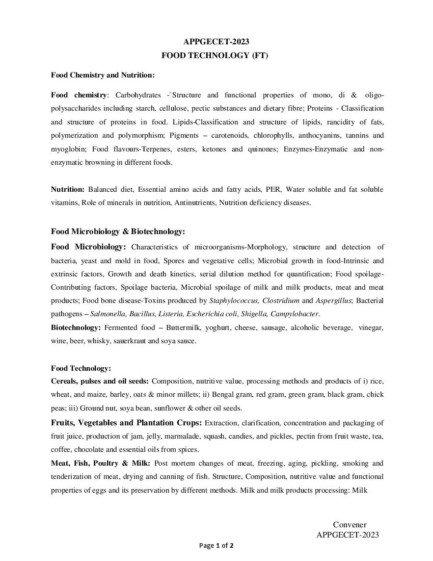 AP PGECET 2023 Syllabus for Food Technology - Page 1 of 2