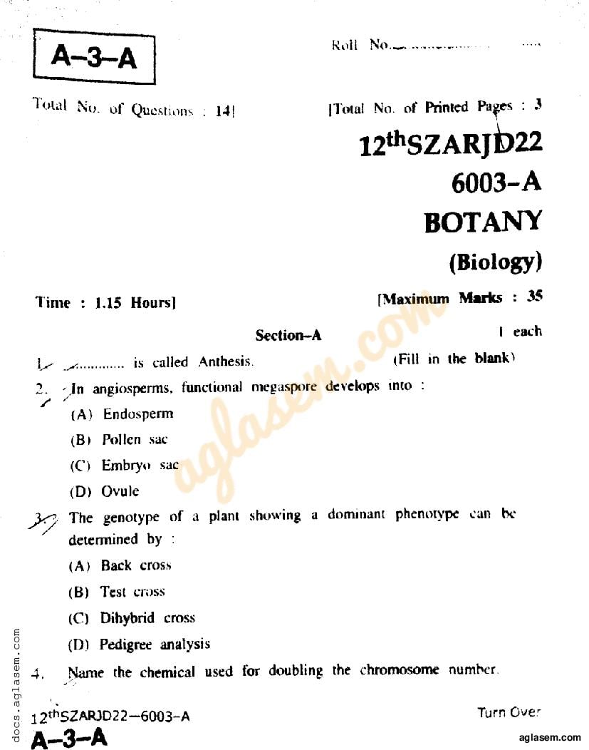 JKBOSE Class 12th Biology (Botany) Question Paper (PDF)