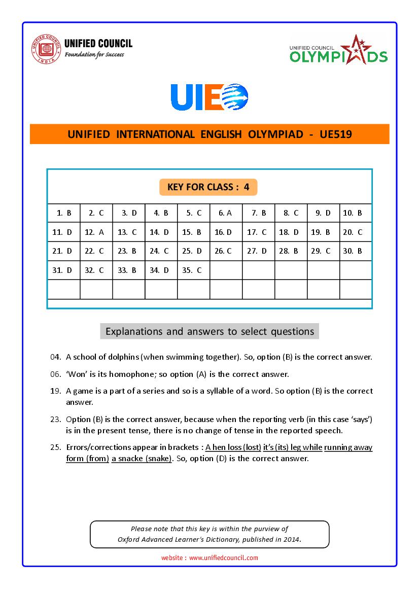 UIEO 2021 Answer Key for Class 4 Code-UE519 - Page 1