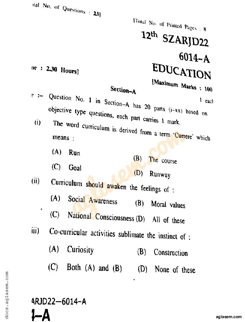 education question paper 2023 class 12