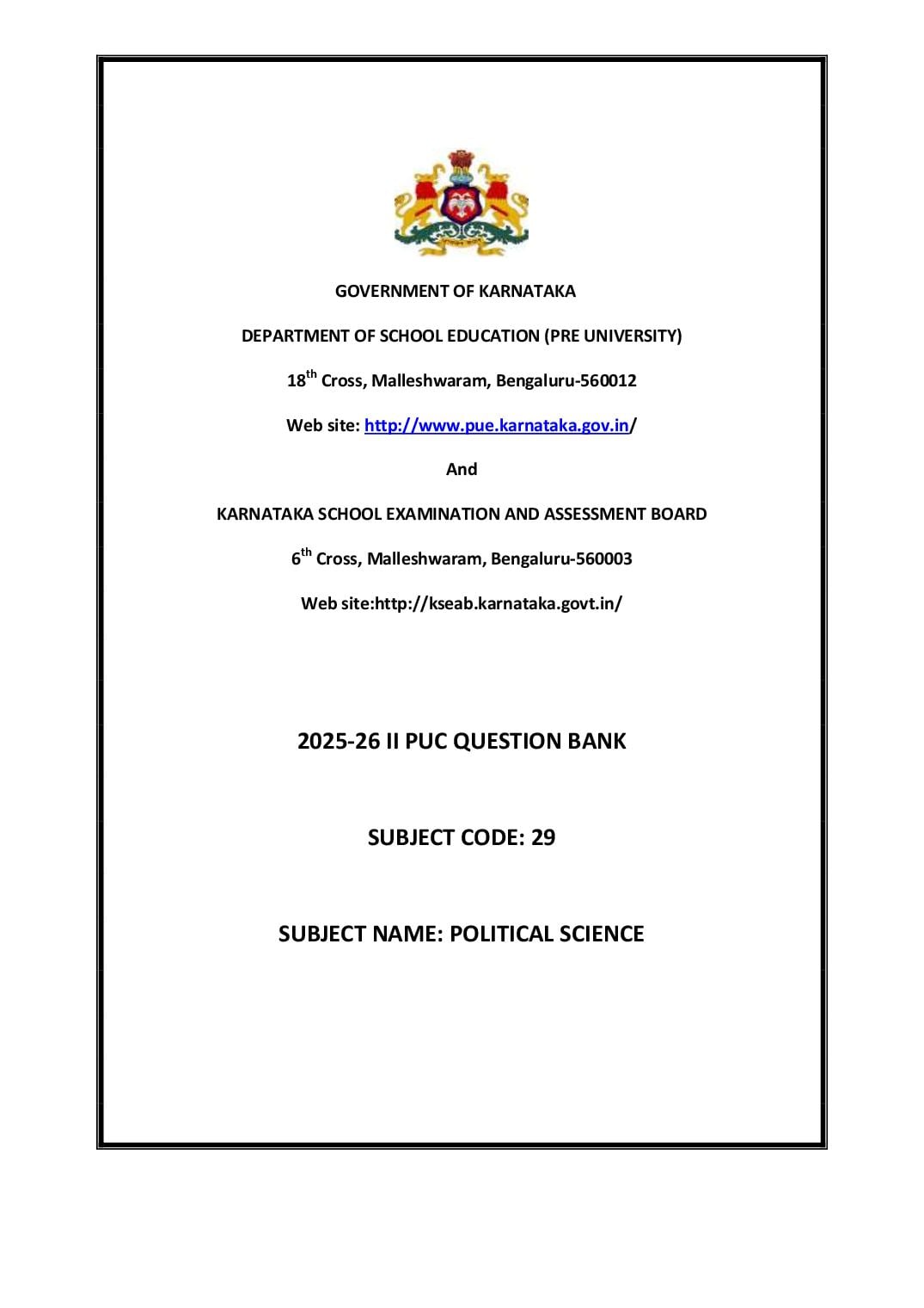 Karnataka 2nd PUC Question Bank 2026 Political Science - Page 1 of 51