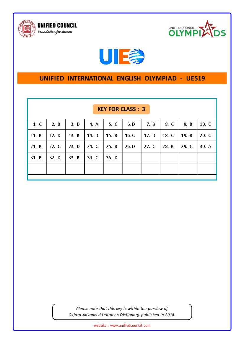 UIEO 2021 Answer Key for Class 3 Code-UE519 - Page 1