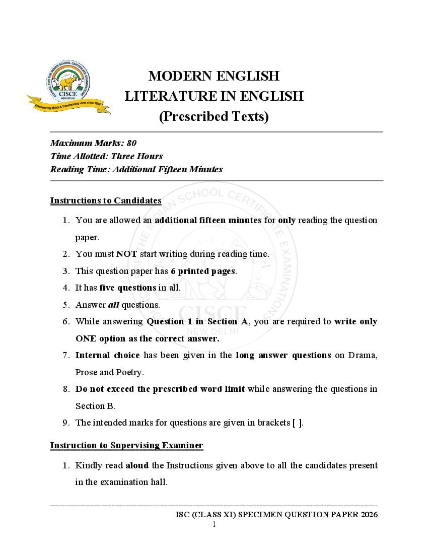 ISC Class 11 Specimen Paper 2026 English Literature - Page 1