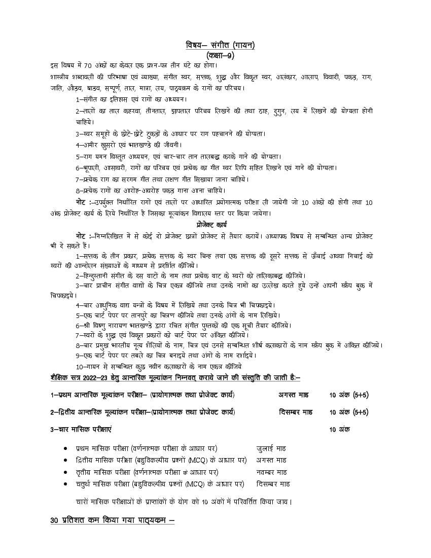 UP Board Class 9 Syllabus 2023 Sangeet (Gayan, Vadan) - Page 1